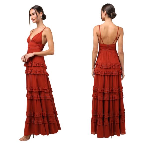 Lulus Lavish Perfection Rust Orange Ruffled Tiered Maxi Dress size Small NWT - Picture 1 of 7